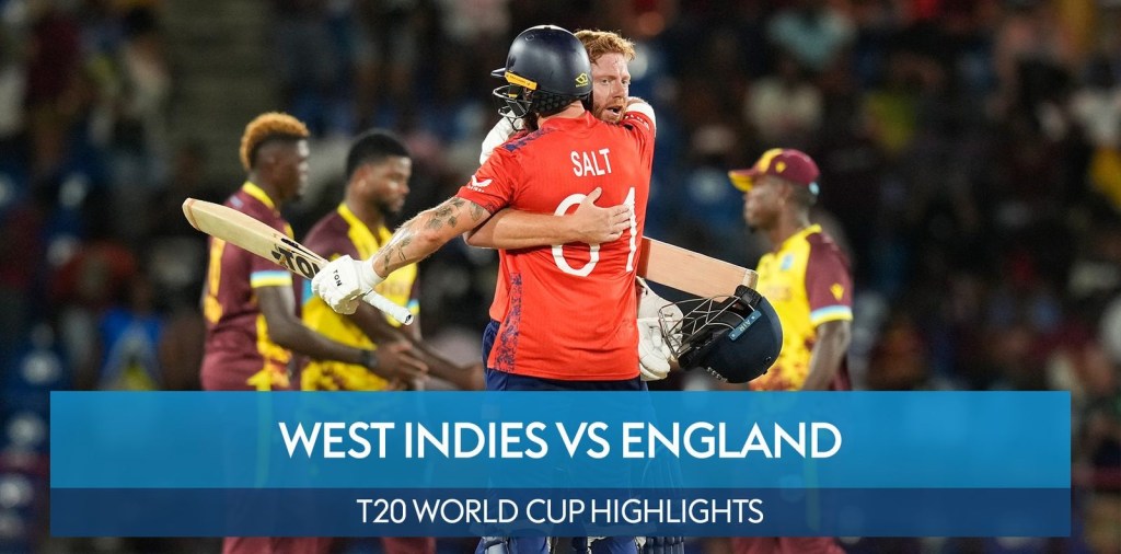 In the T20 World Cup, England thrashes the West Indies by eight wickets, with Phil Salt scoring thirty runs in an&nbsp;over.